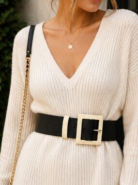 Kate Spade New York Italian Leather Belt Black Ivory Marbled Resin Buckle Size L